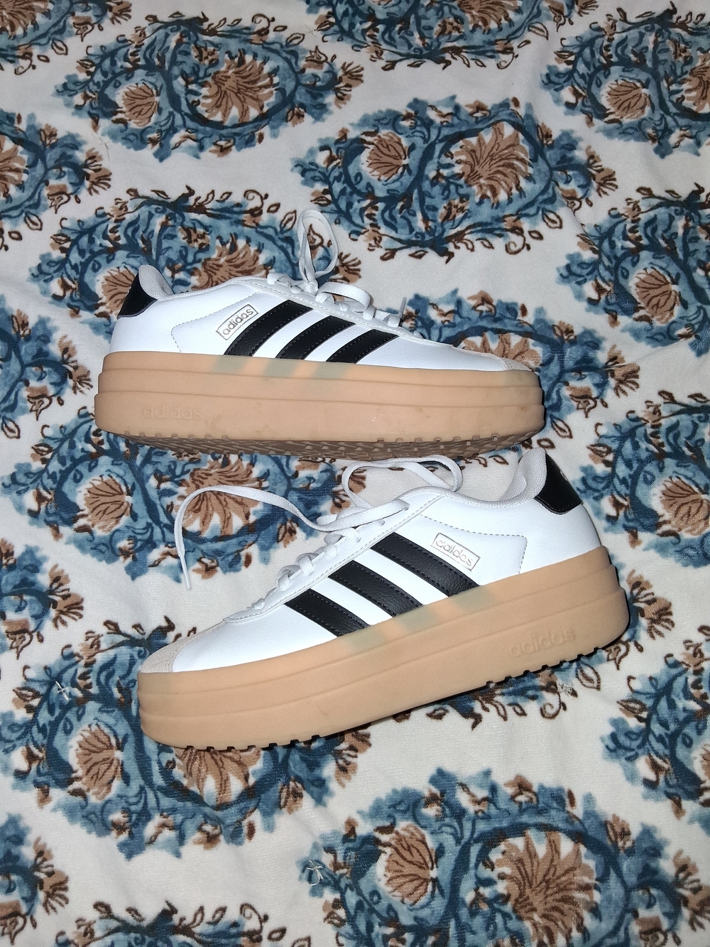 adidas White Sneakers with Black Stripes and Tan Platform Sole